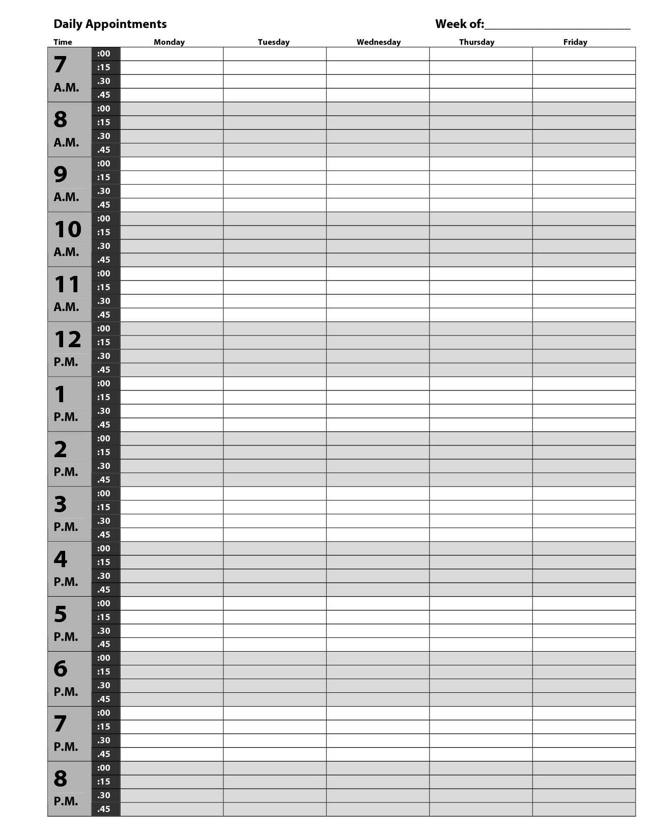 15 minute increment calendar template