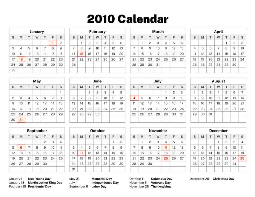 2010 calendar template