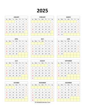 2025 calendar template customizable