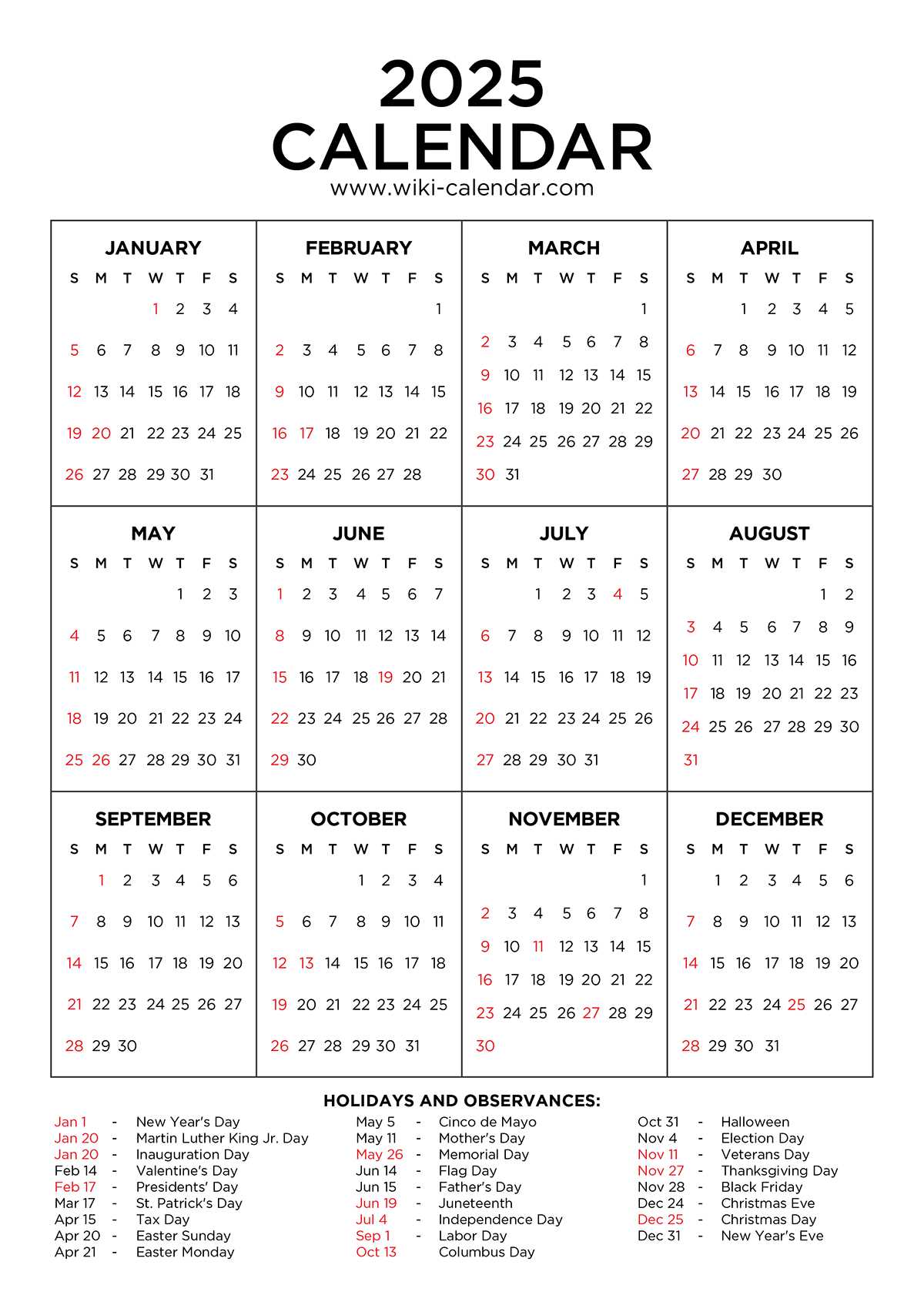 2025 calendar with holidays template