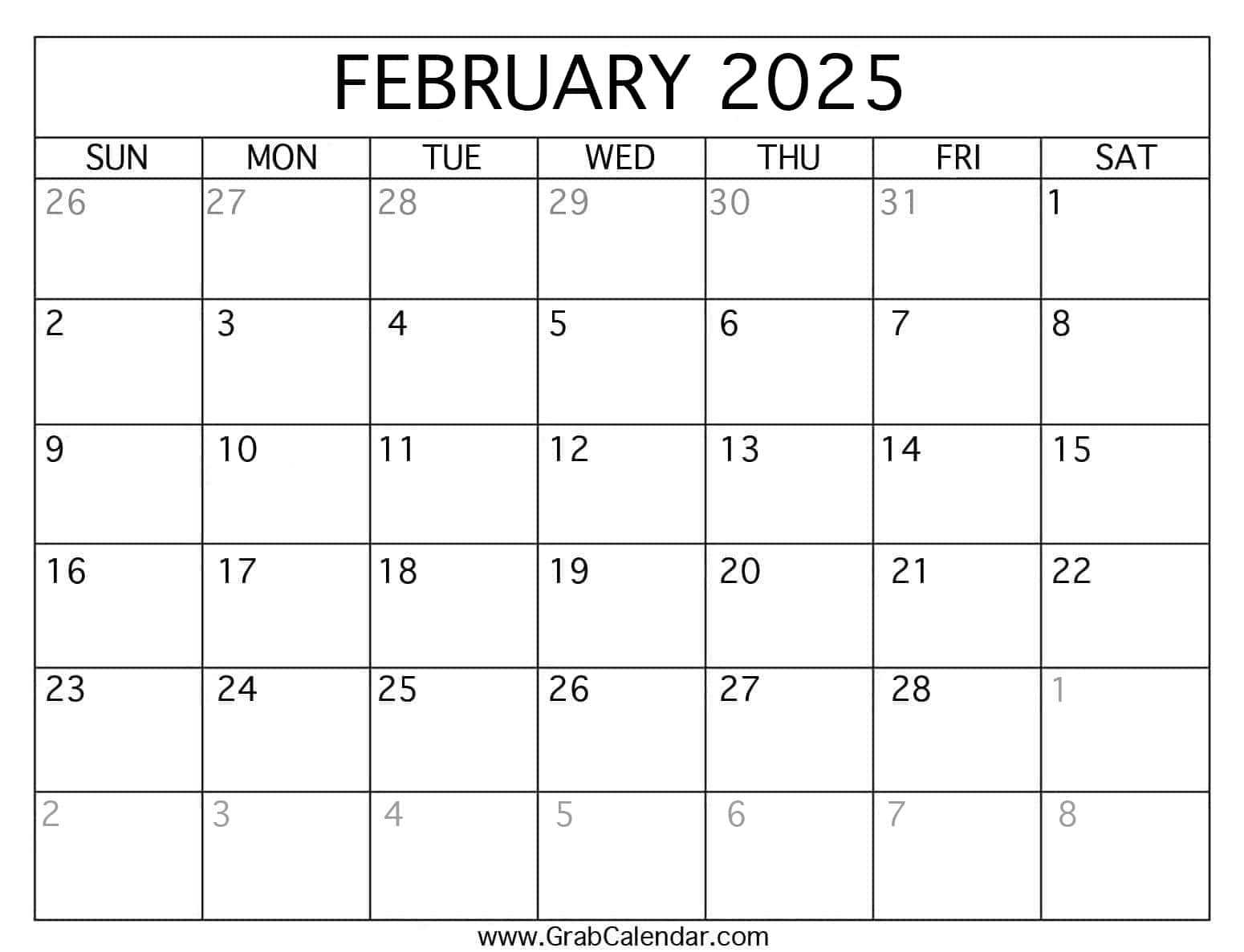 2025 february calendar template