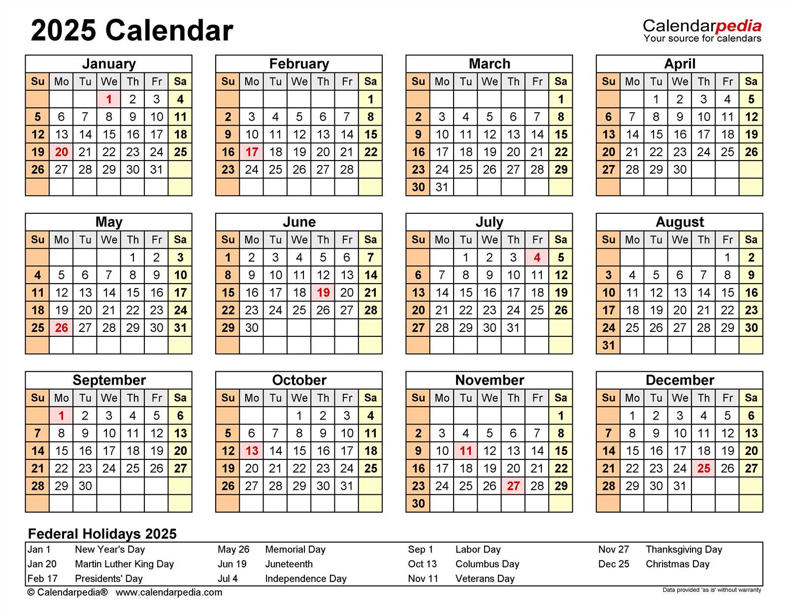 2025 full year calendar template