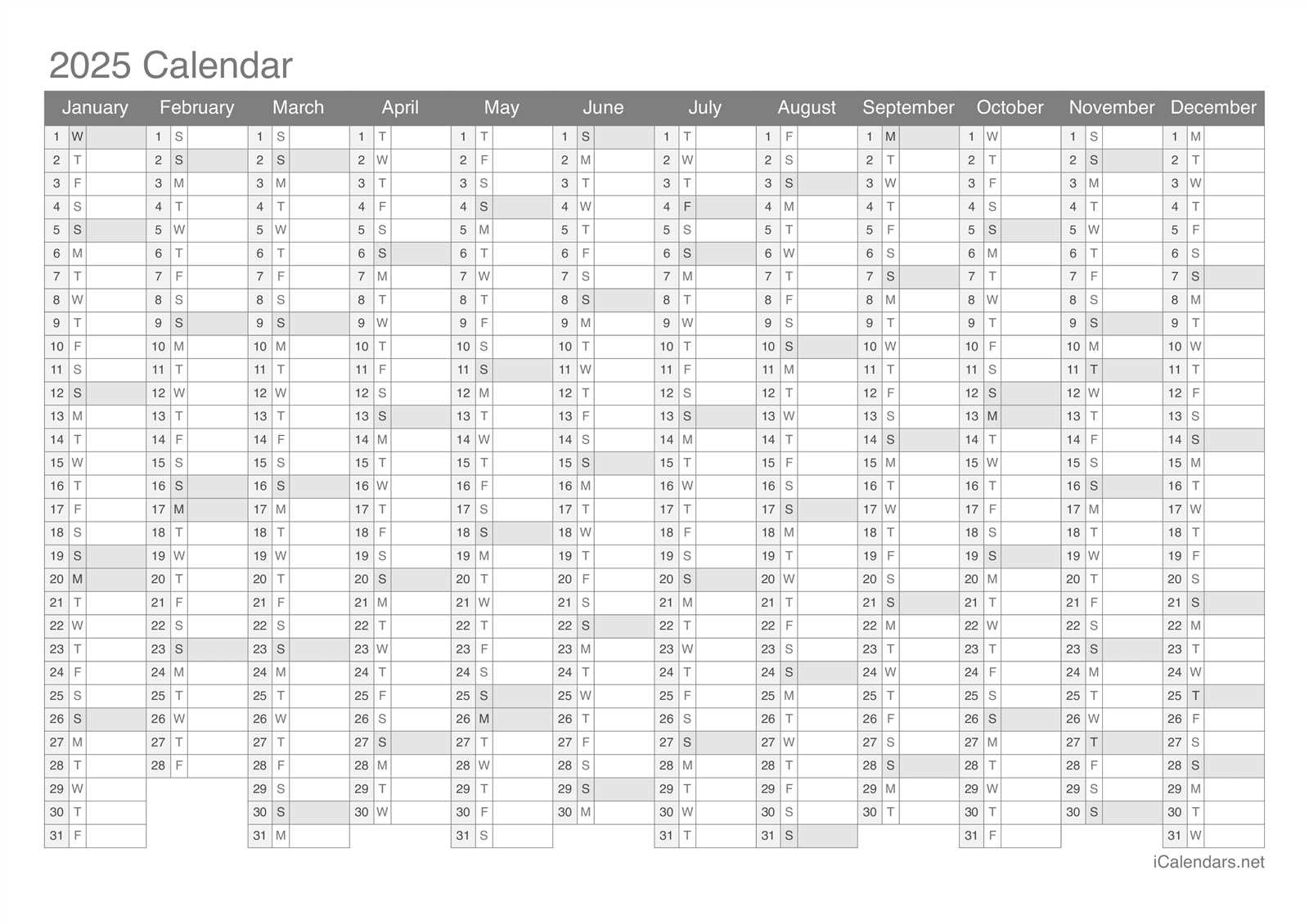 2025 year calendar template