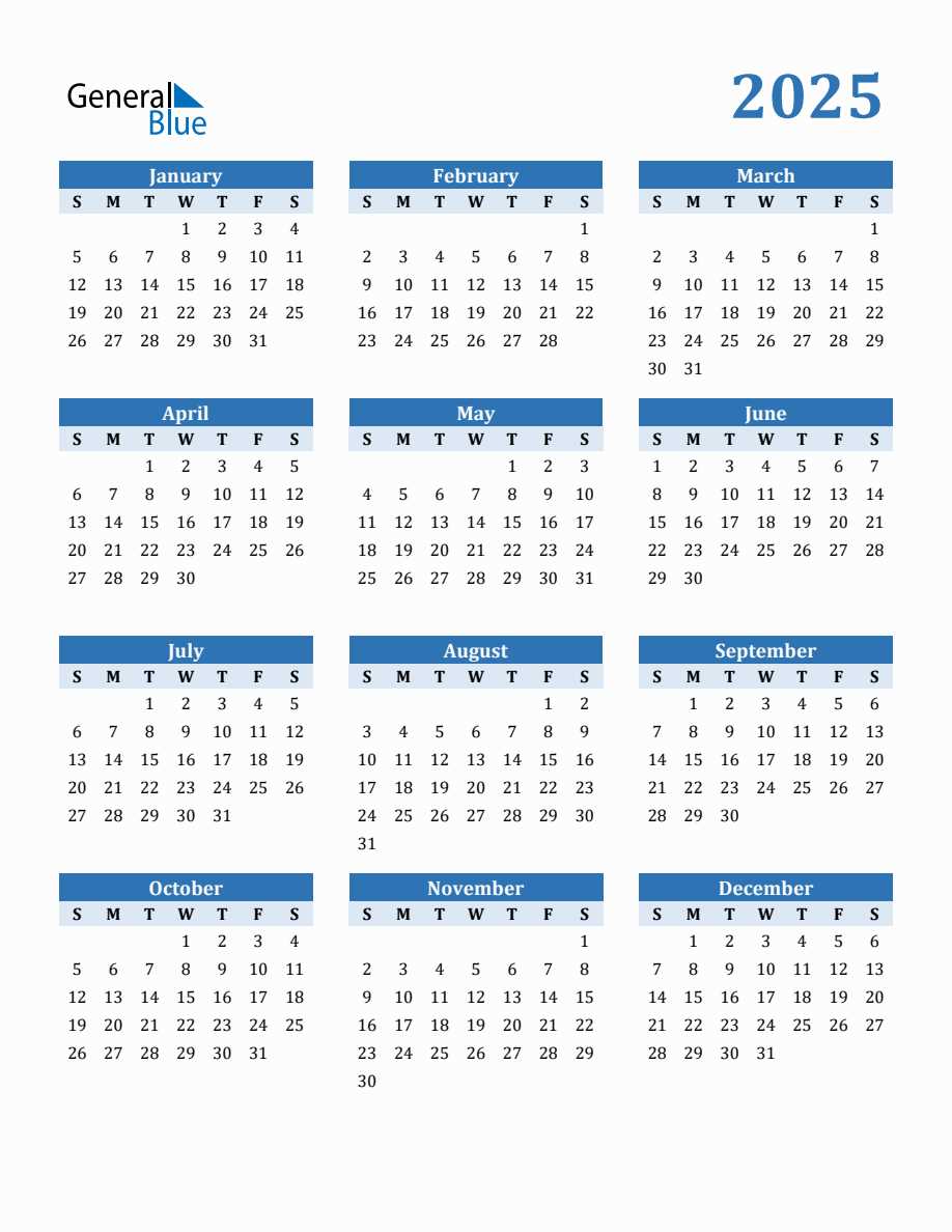 2025 year calendar template