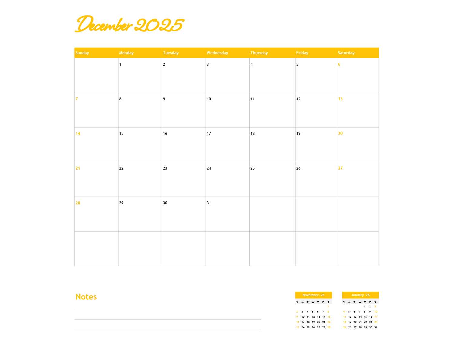 2025 calendar template free