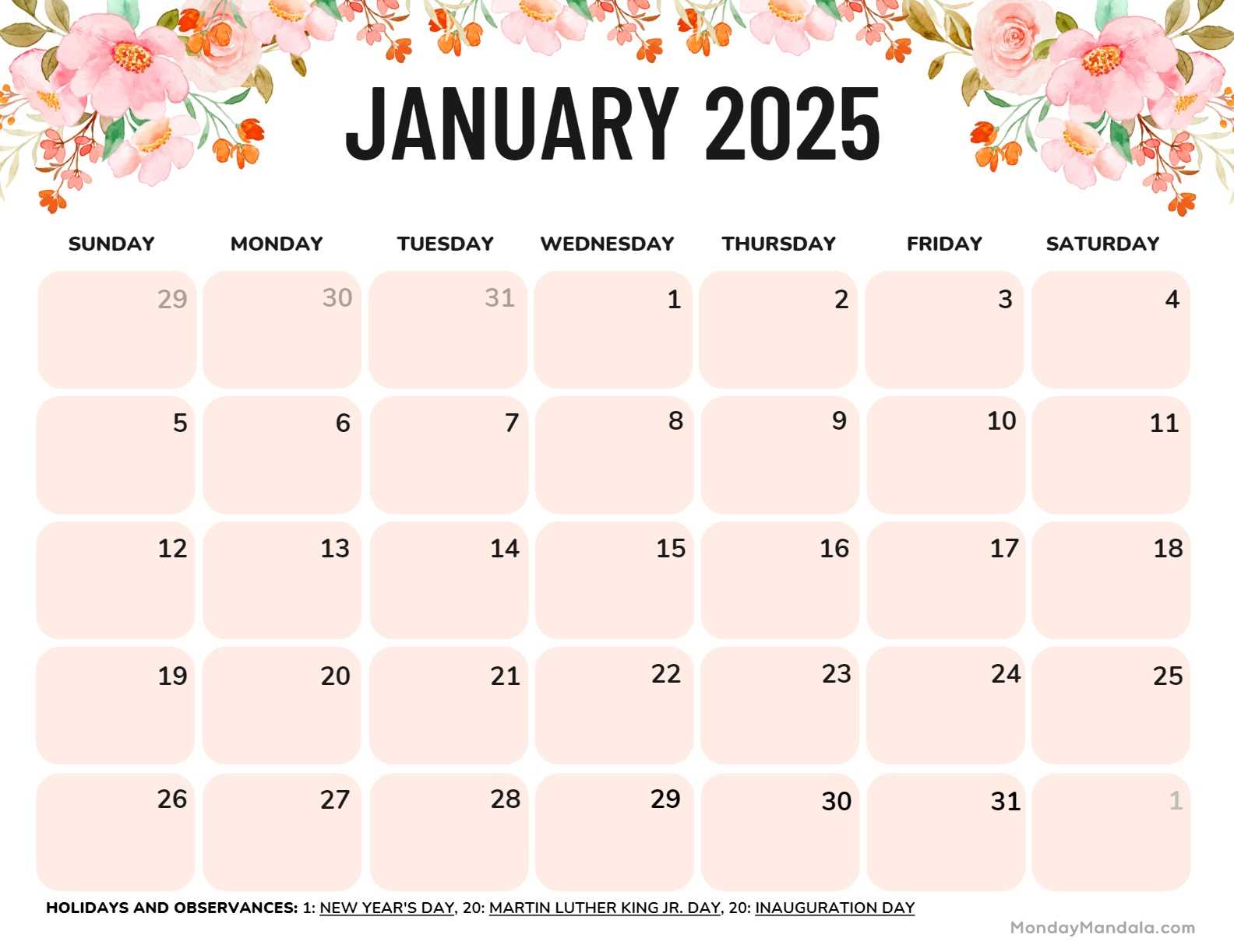 2025 calendar template landscape