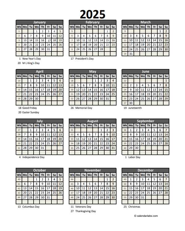 2025 calendar with holidays template