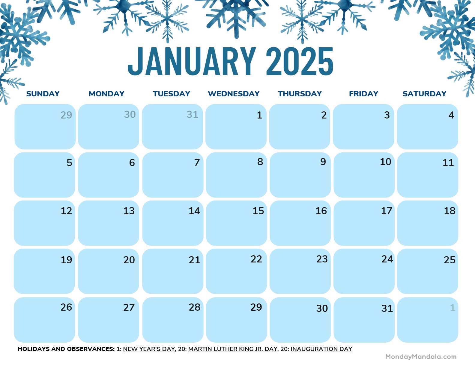 2025 january calendar template