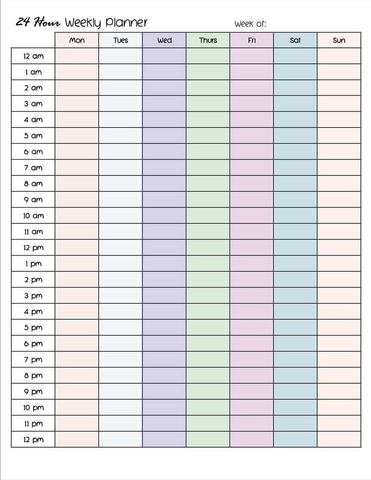 24 hour week calendar template