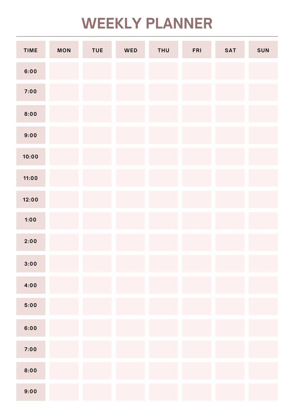 24 hour week calendar template