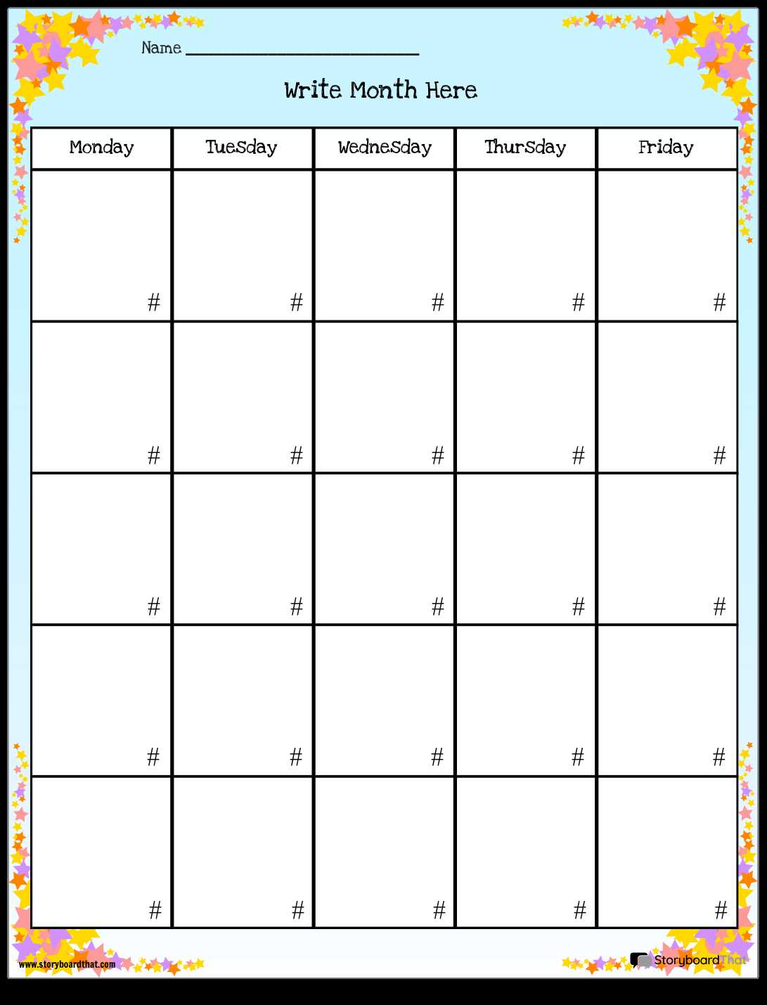 5 day monthly calendar template