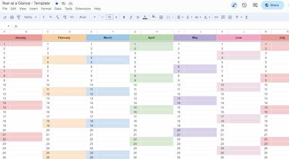 a year at a glance calendar template