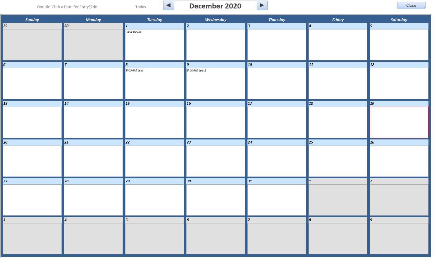 access database calendar template