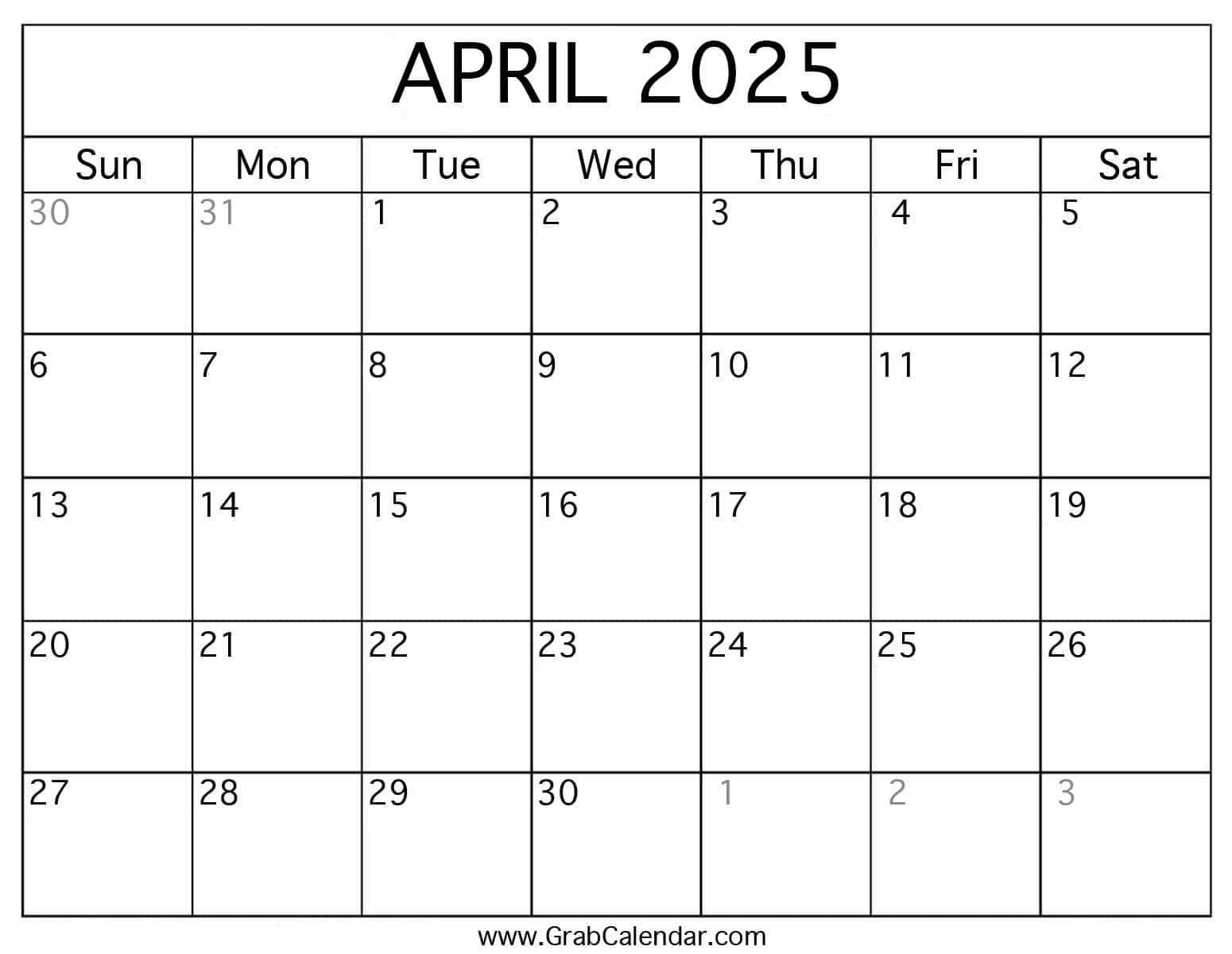 april 2025 blank calendar template