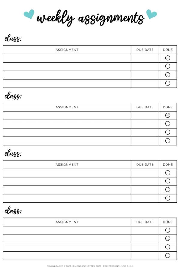 assignment calendar template