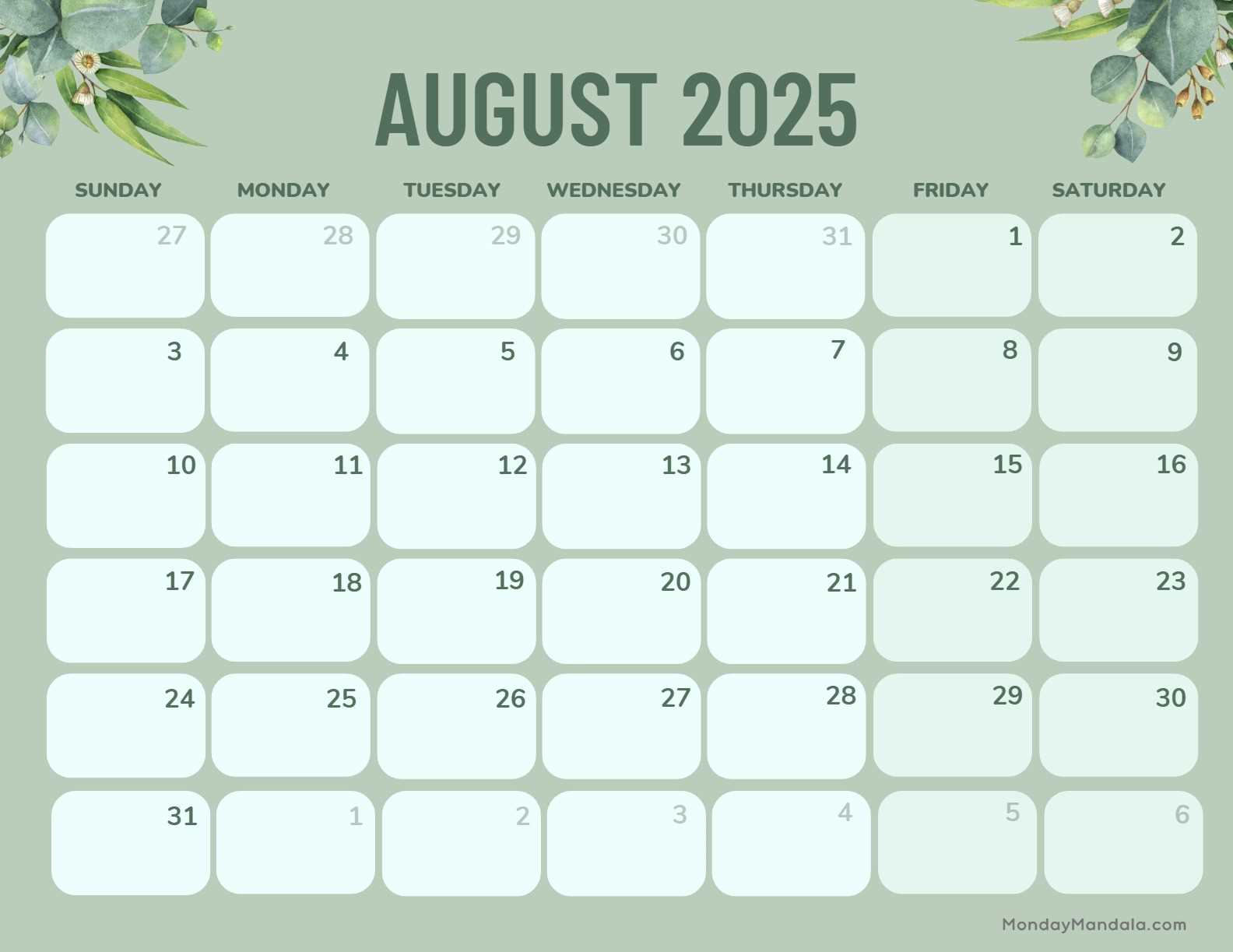 august 2026 calendar template