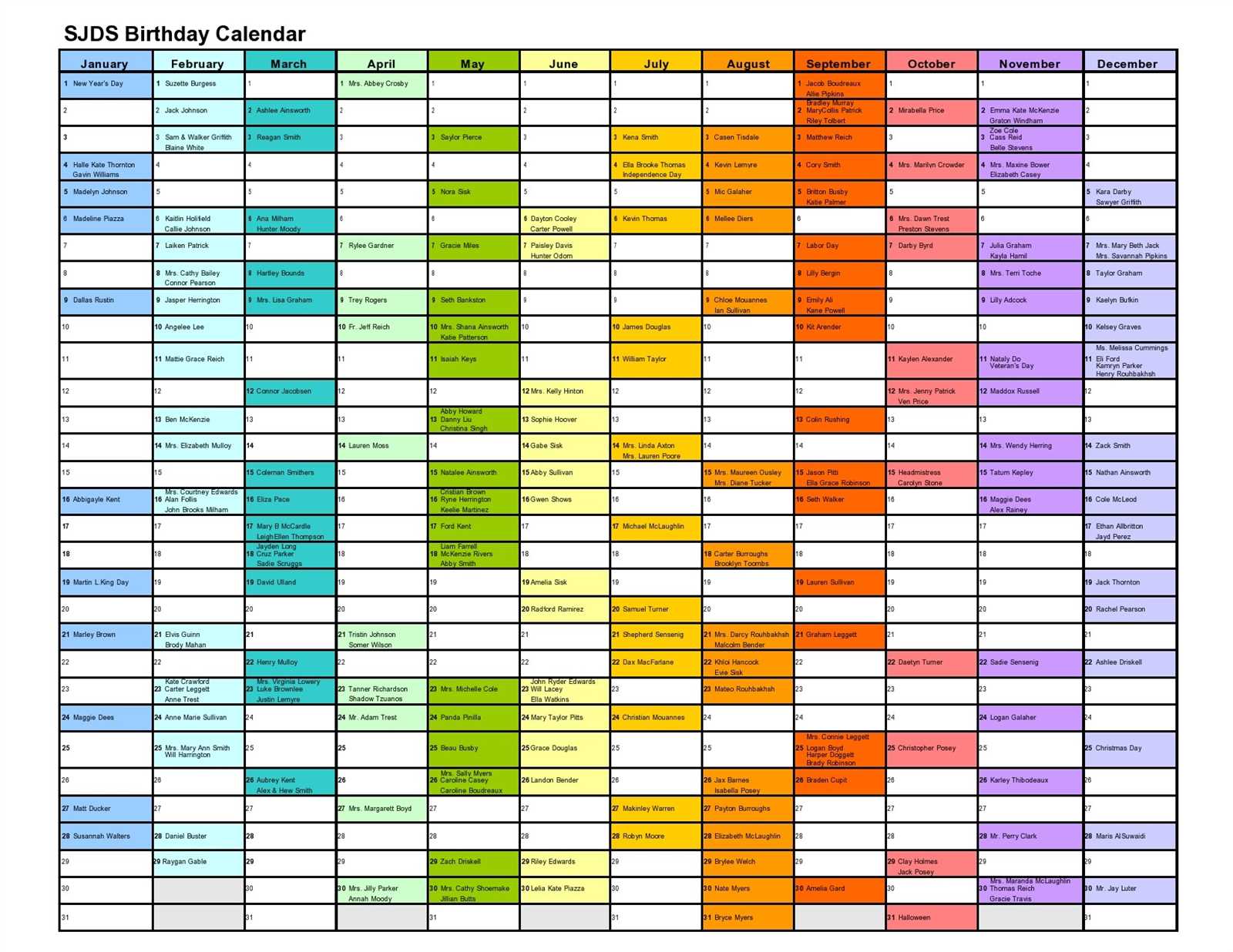 birthday calendar template for office