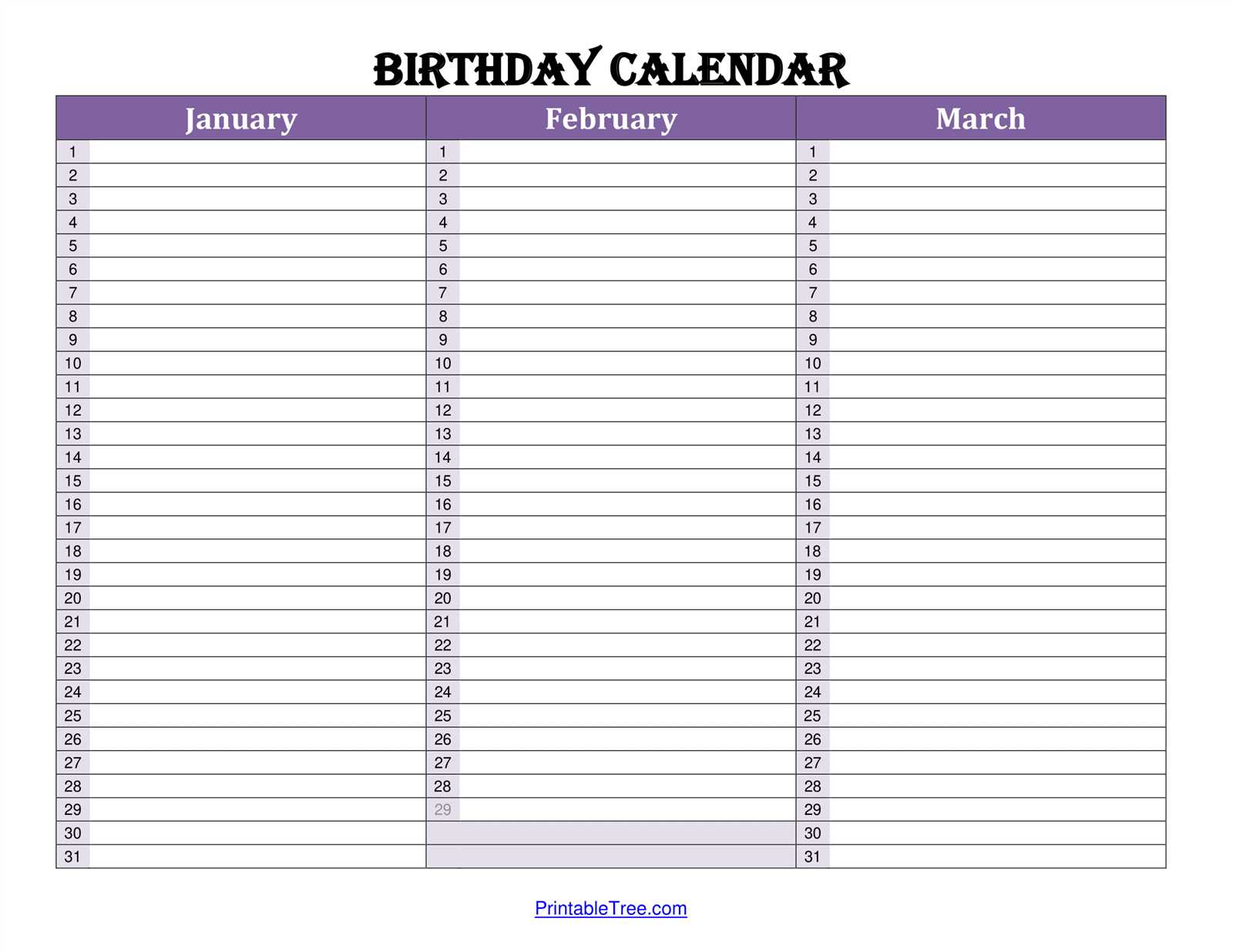 birthday calendar template free printable