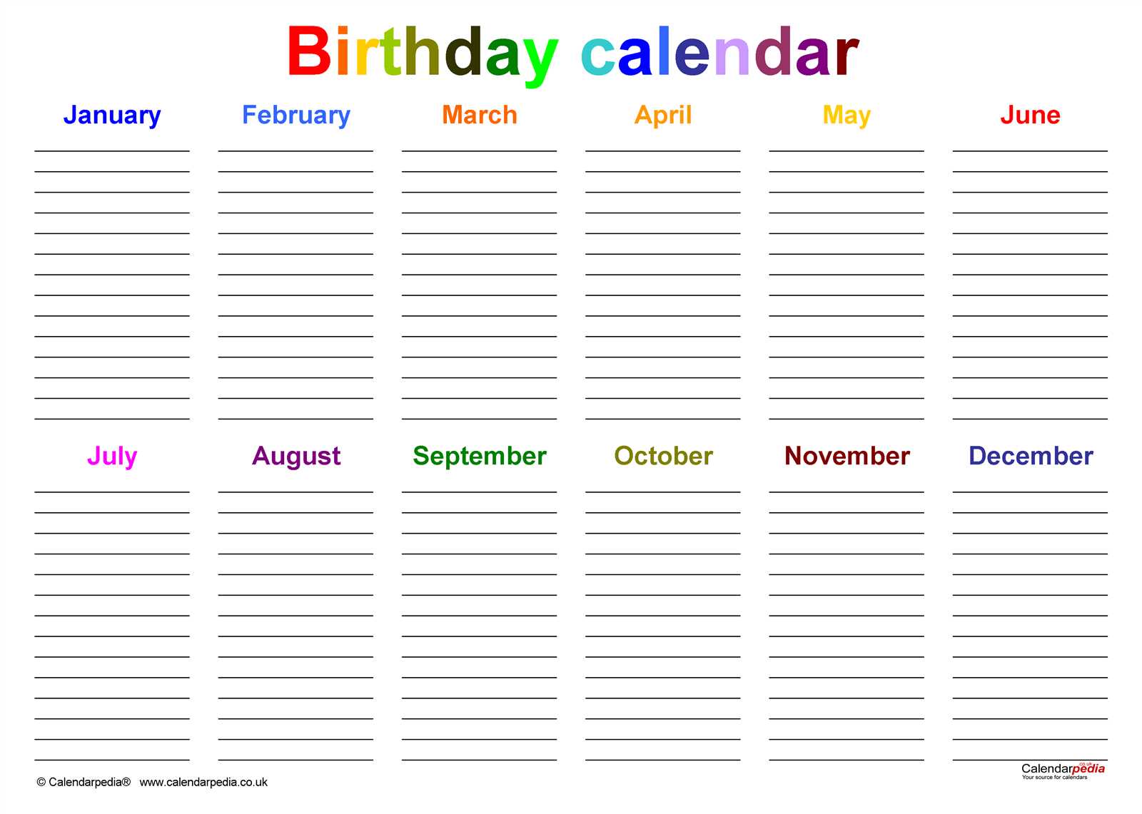 birthday calendar template free printable