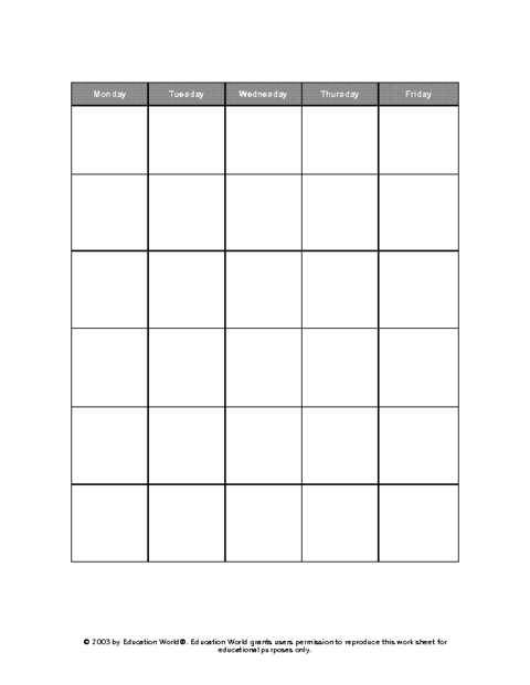 blank 5 day week calendar template