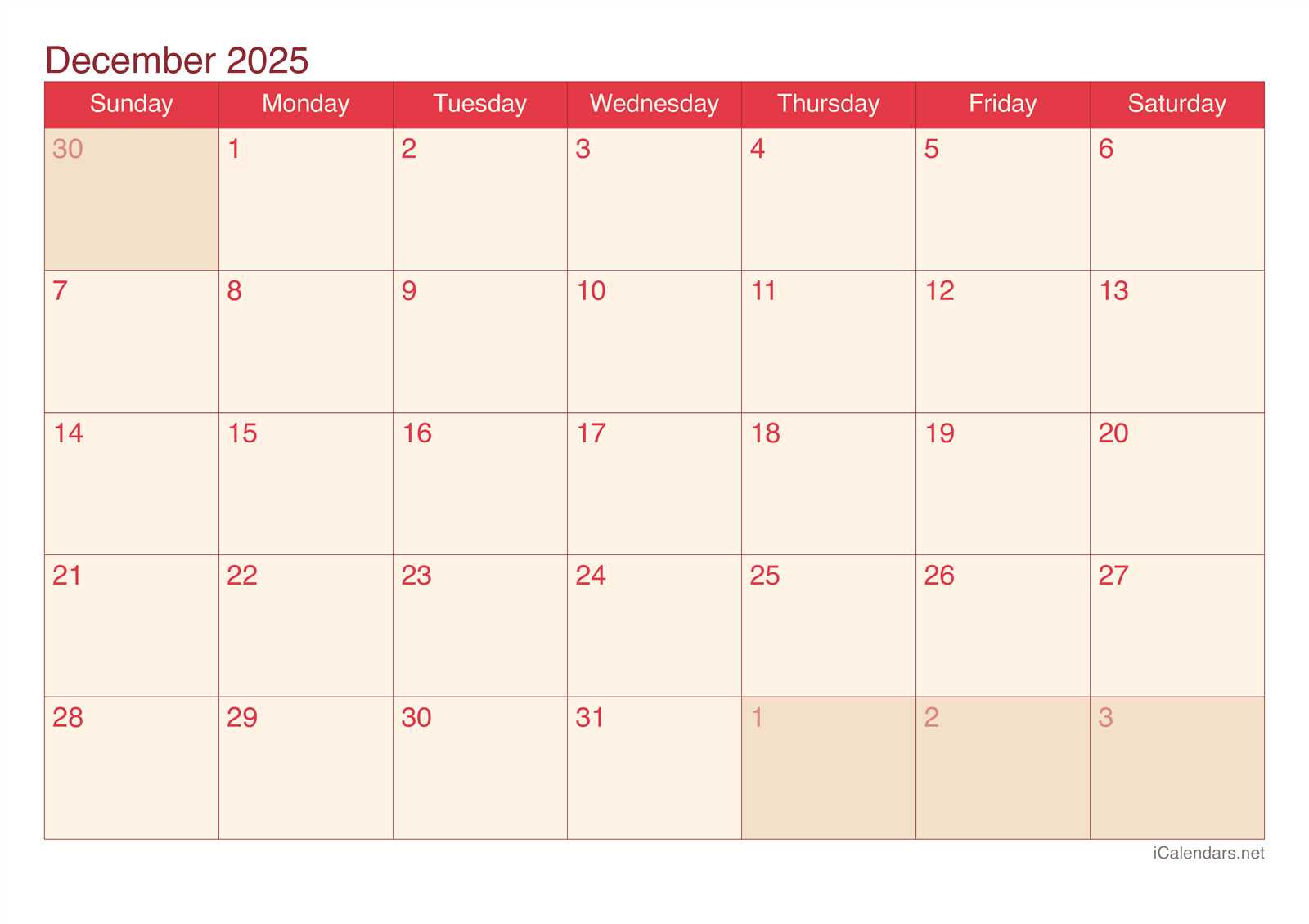 blank calendar template 2025 december