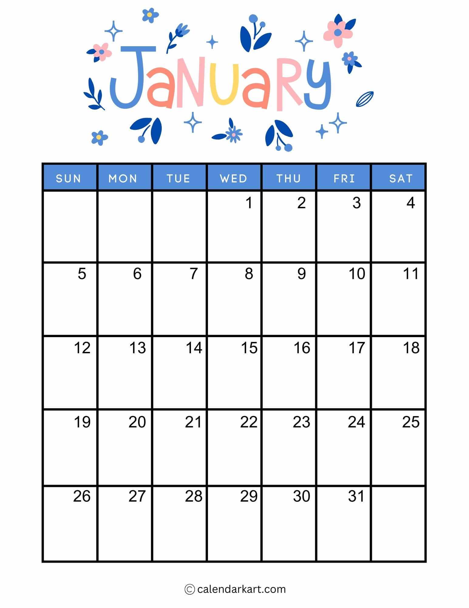 blank calendar template 2026 january