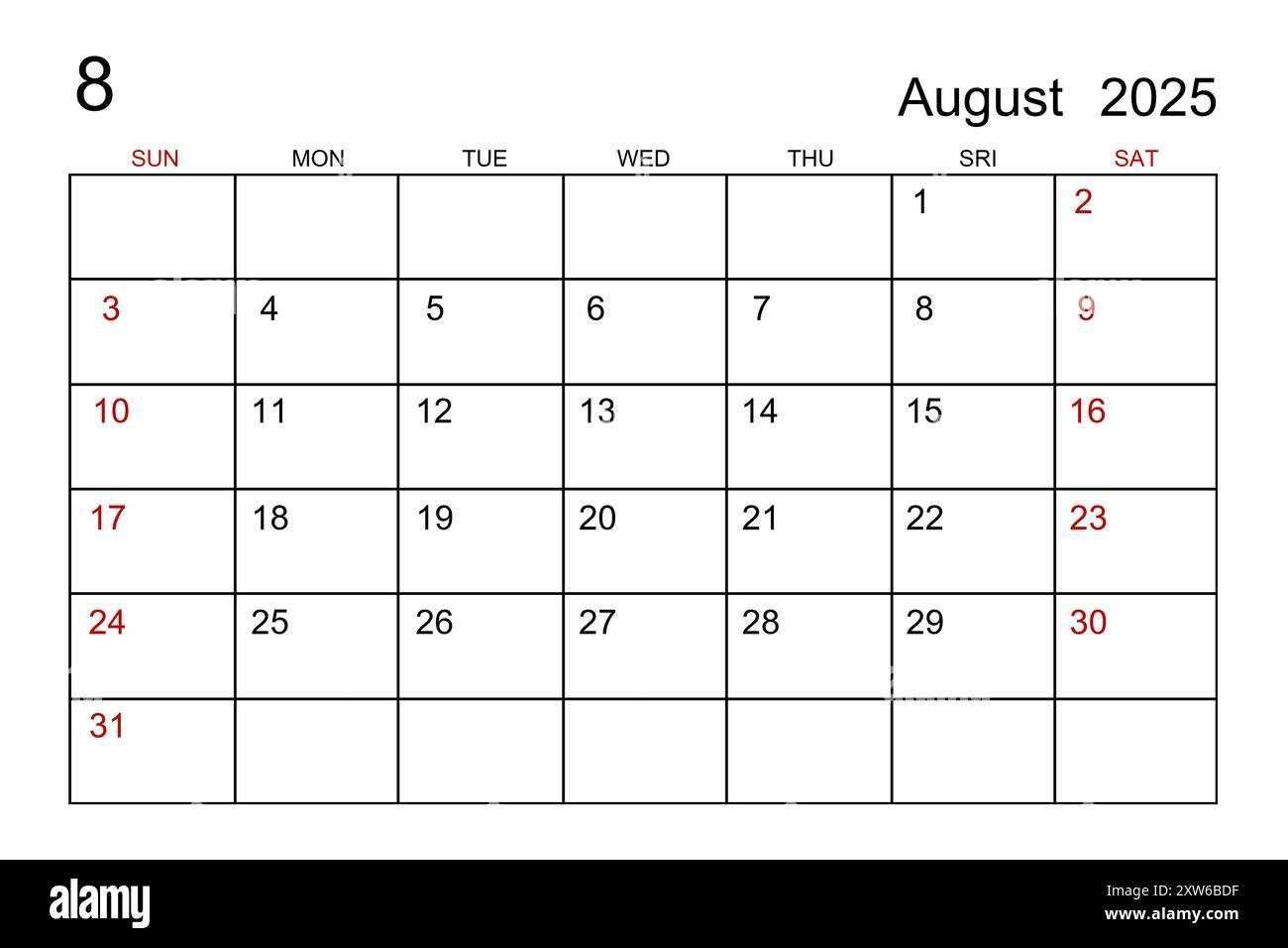 blank calendar template august 2025