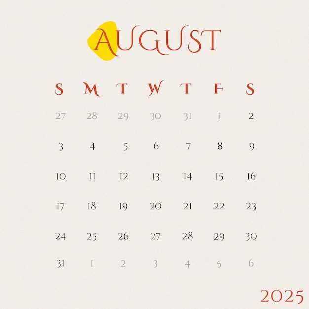 blank calendar template august 2025