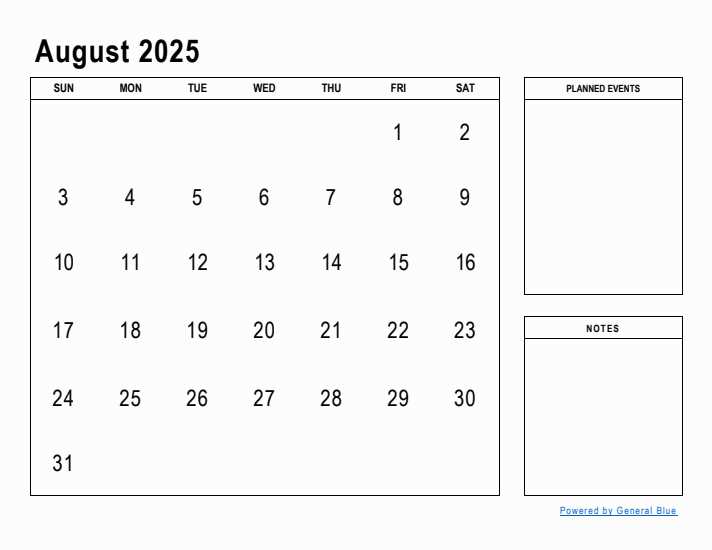 blank calendar template august 2025