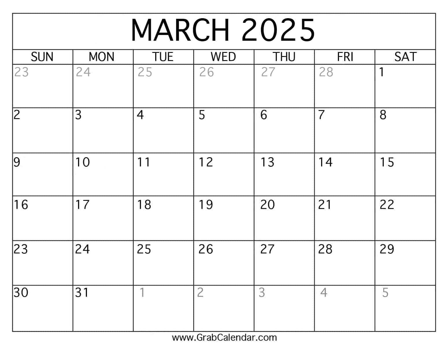 blank calendar template march 2025