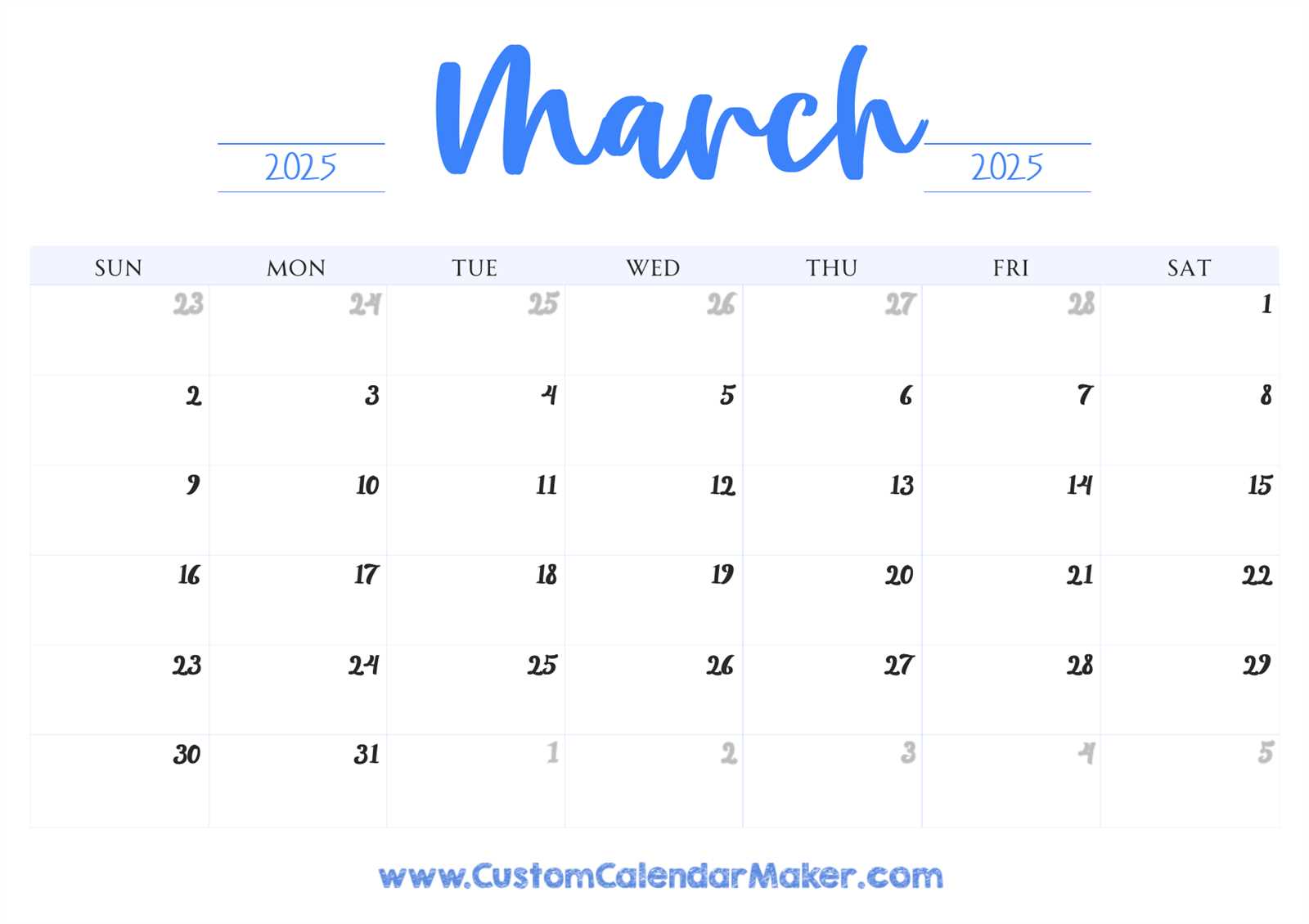 blank calendar template march 2025 printable