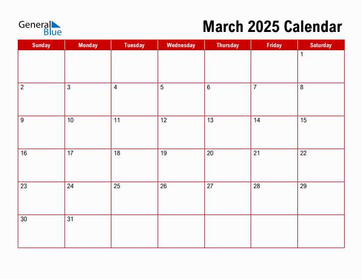 blank calendar template march 2025 printable