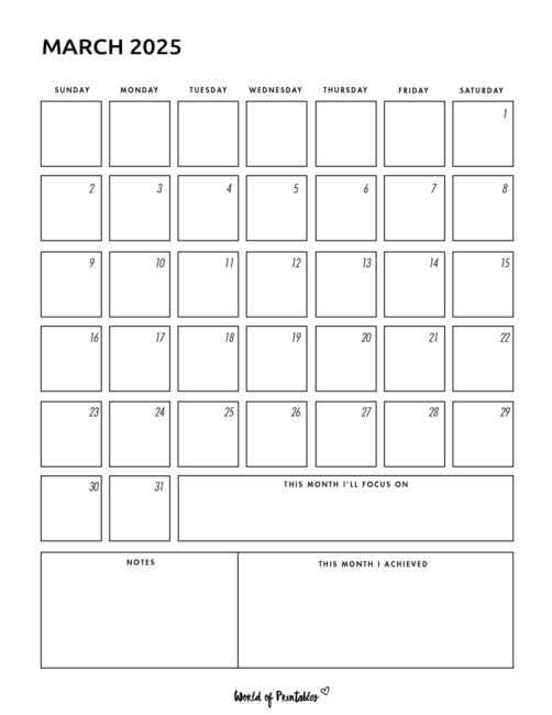 blank calendar template march 2025 printable