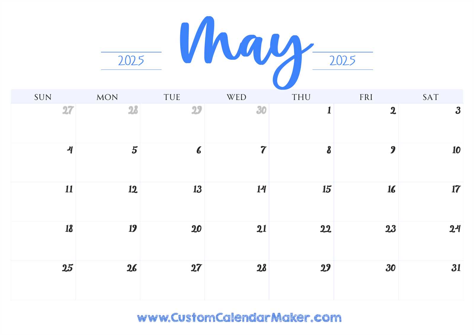 blank calendar template may 2026