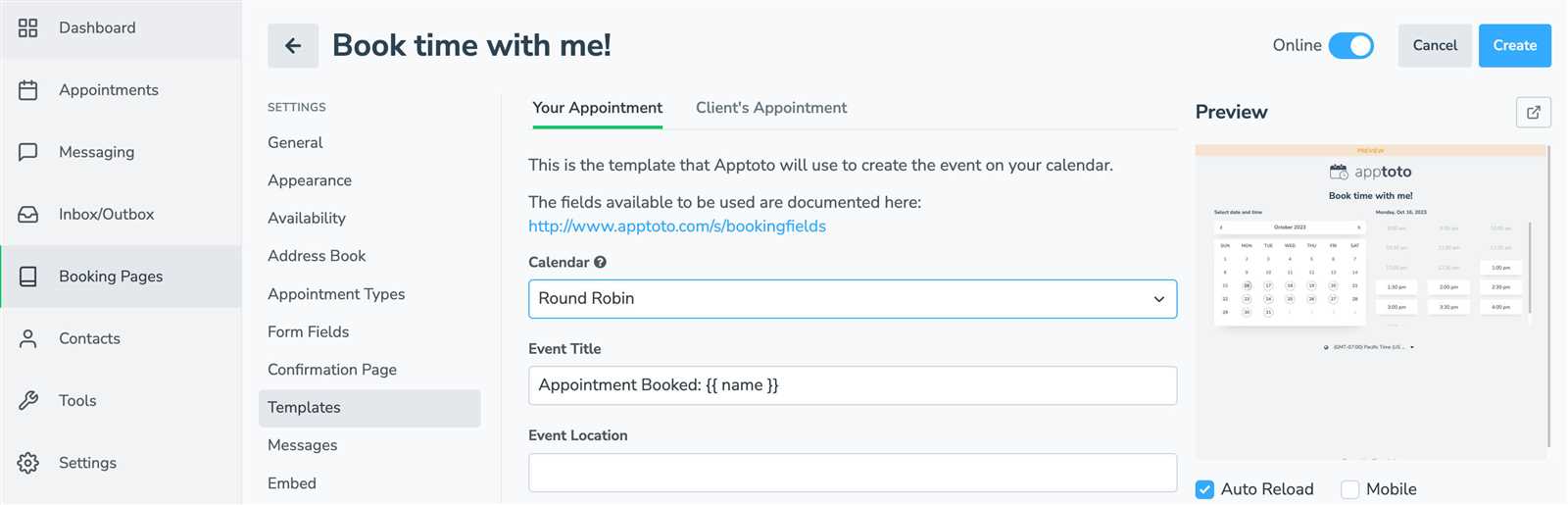 calendar booking template