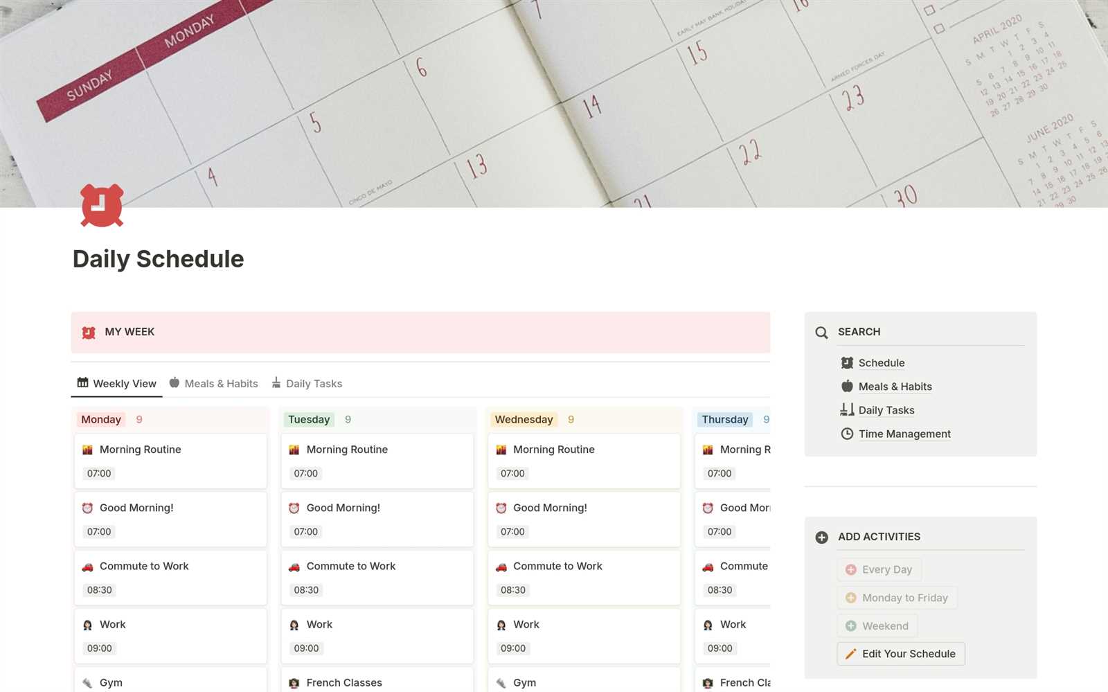 calendar daily schedule template