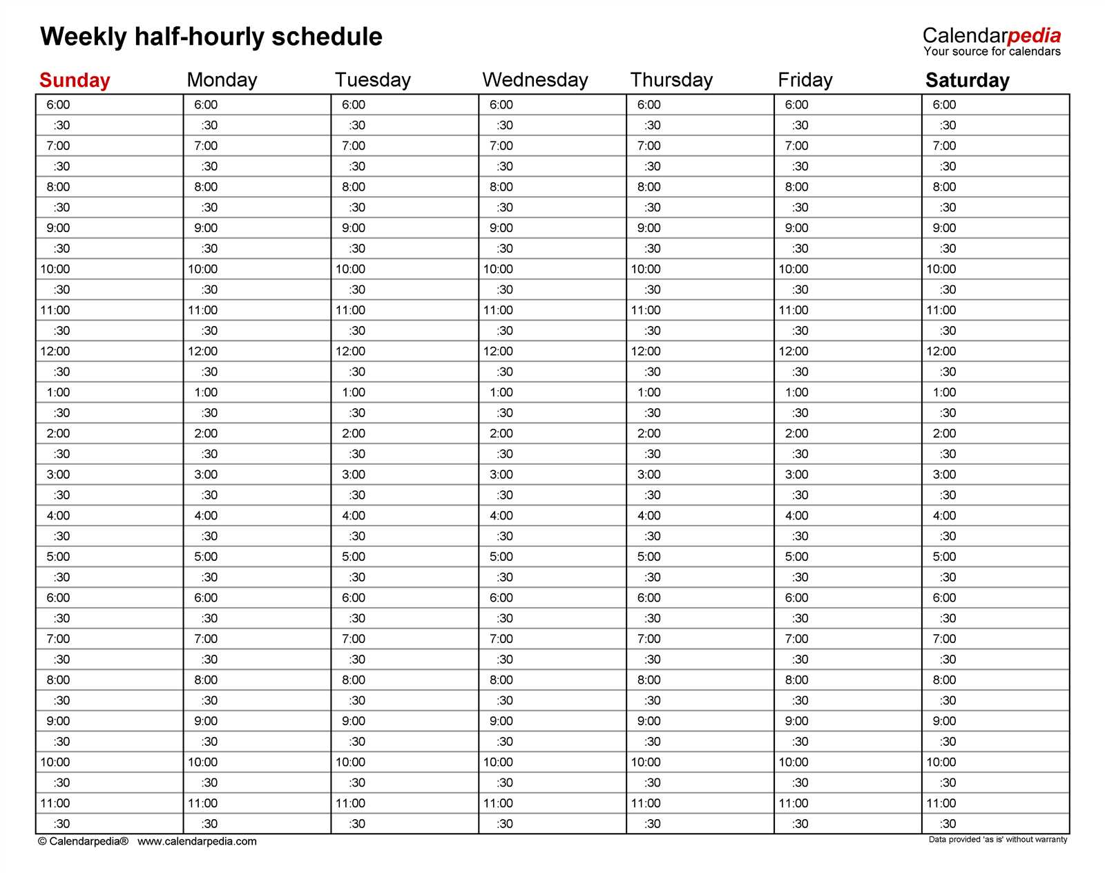 calendar hourly template