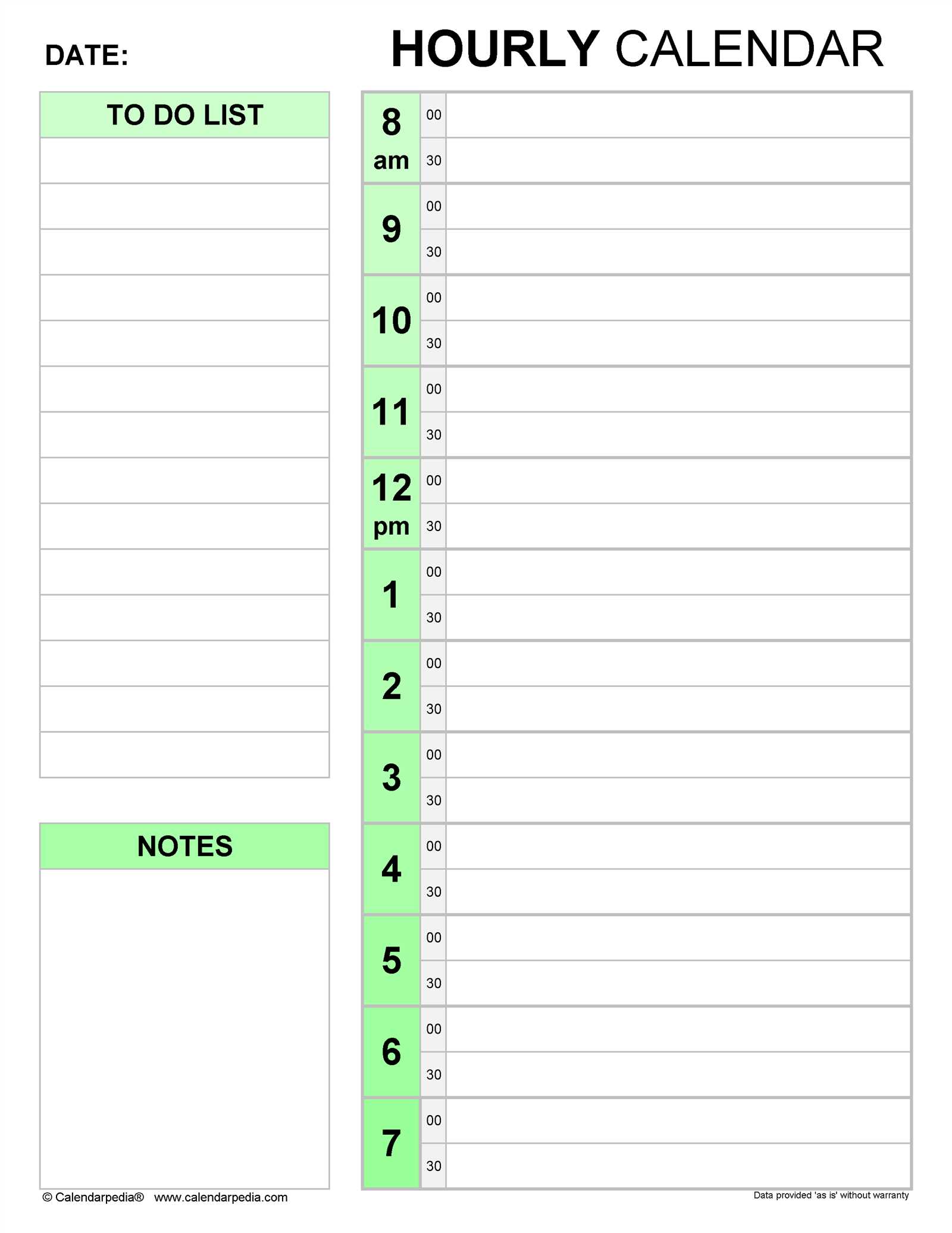 calendar hourly template