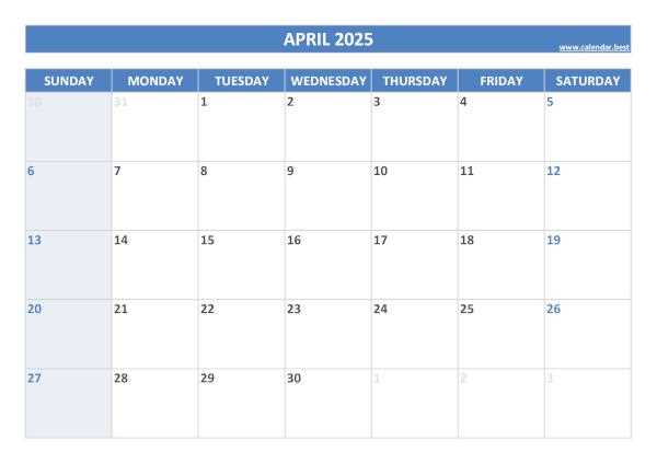 calendar template april 2026 printable