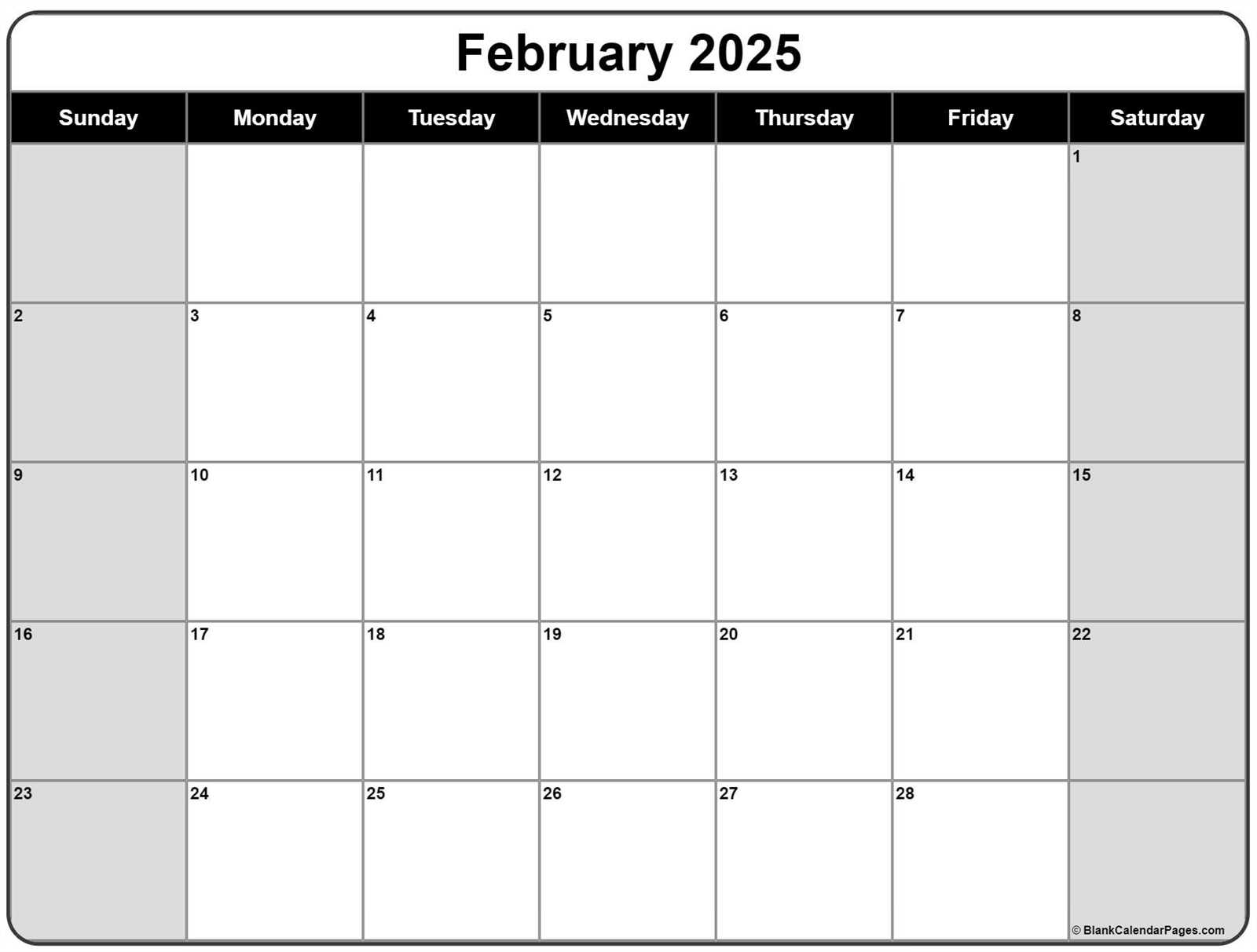 calendar template february 2025