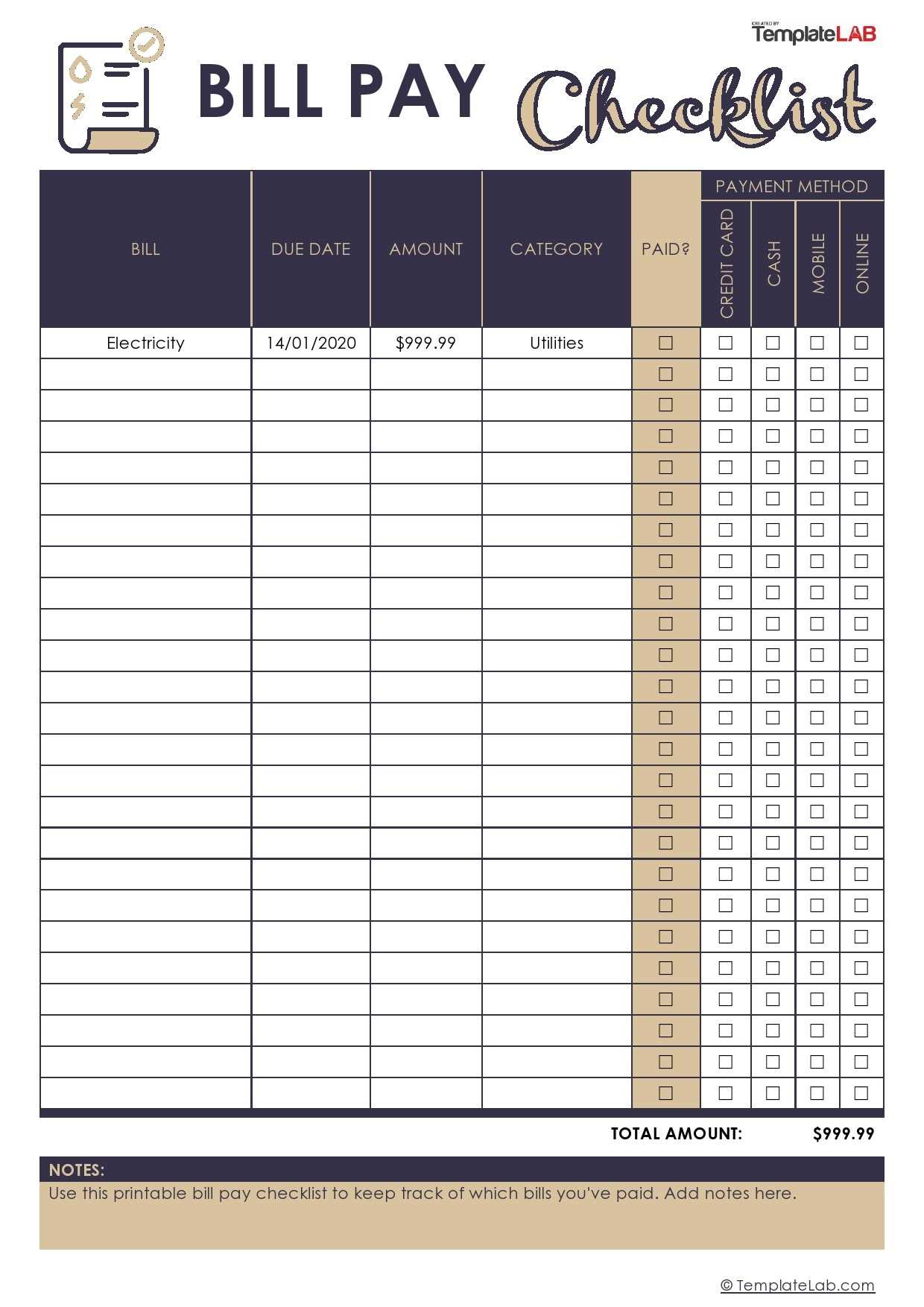 calendar template for bill payments