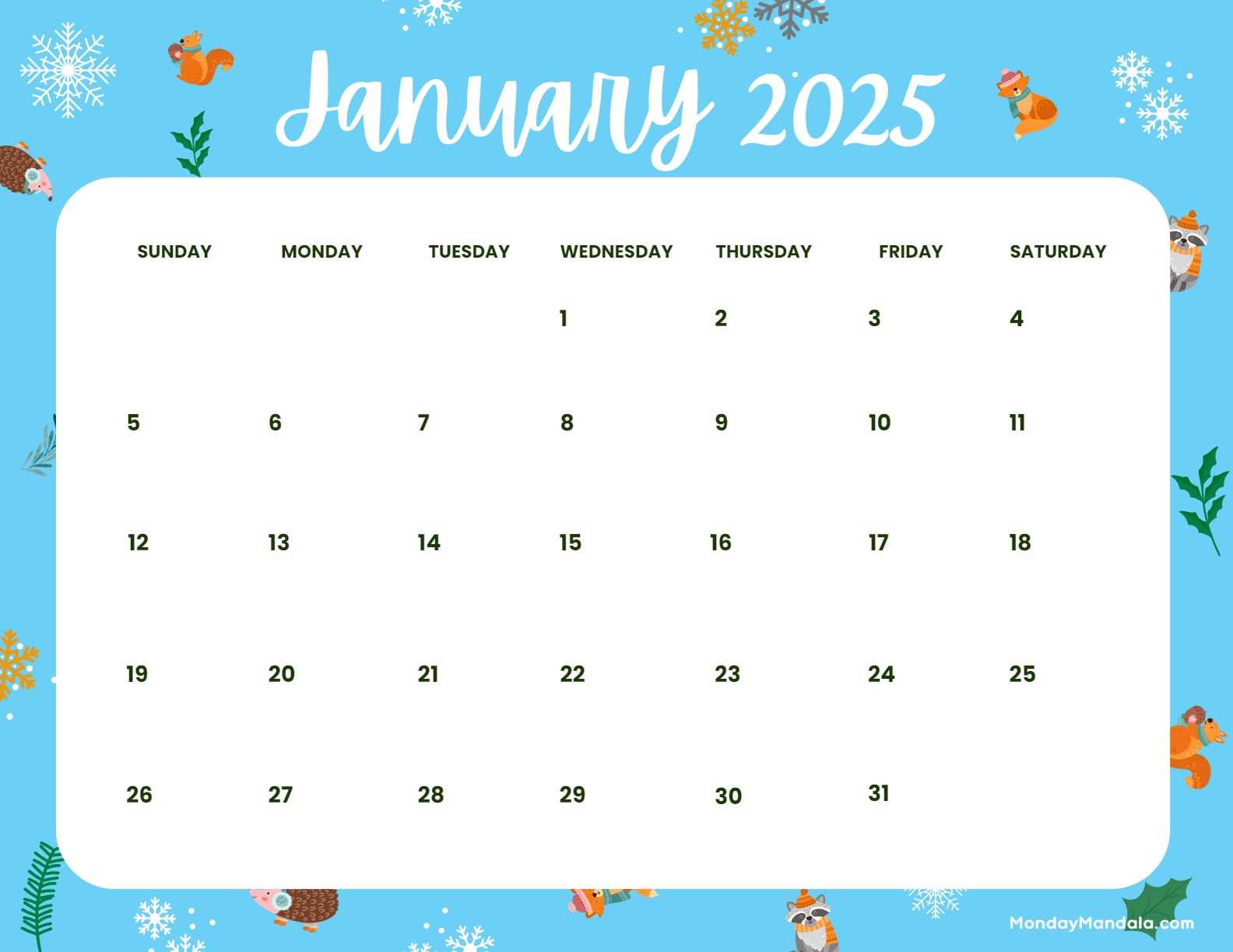 calendar template for january 2025