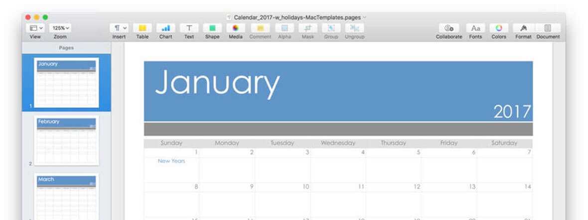 calendar template for mac pages free