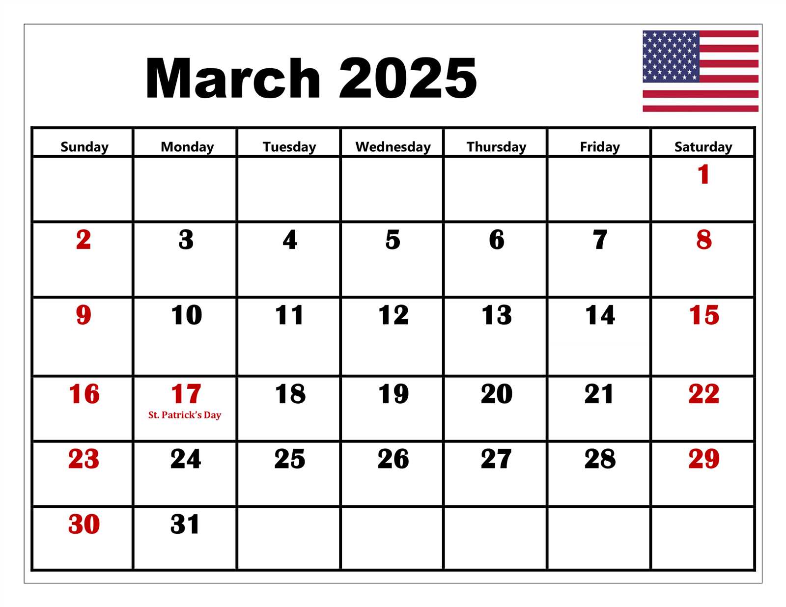 calendar template for march 2025