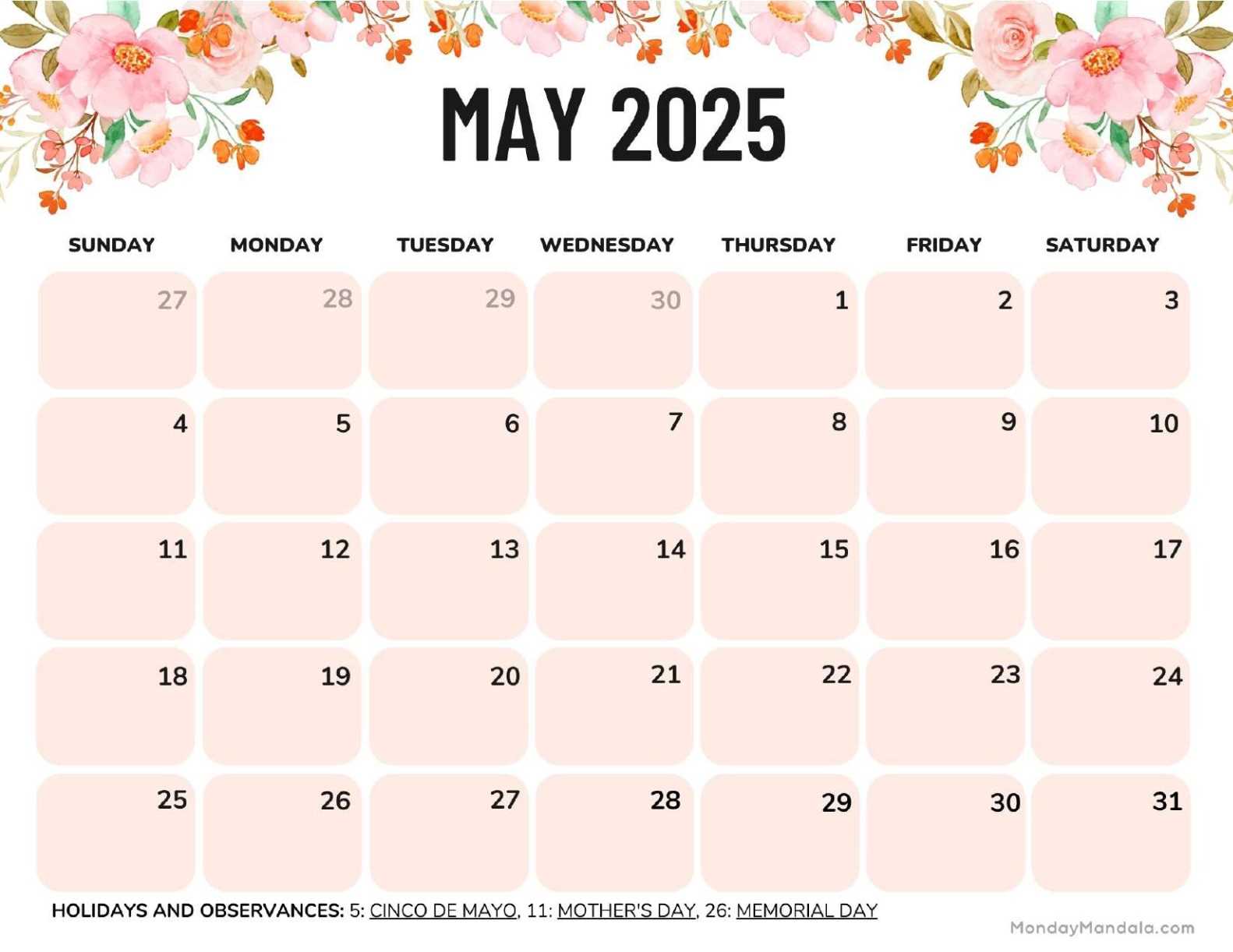 calendar template may 2025