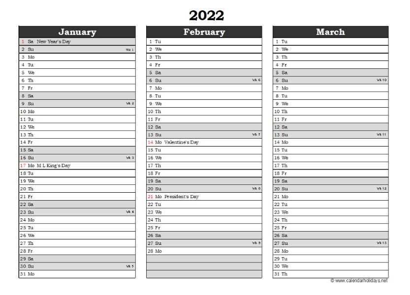 calendar template quarterly