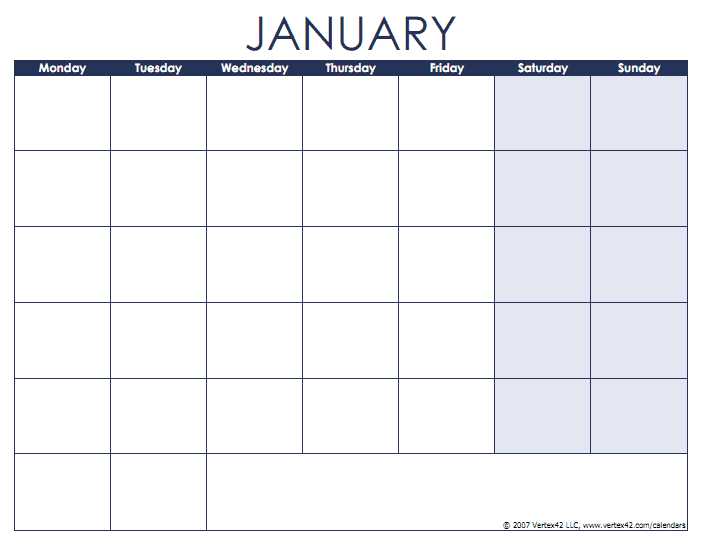 calendar template starting monday