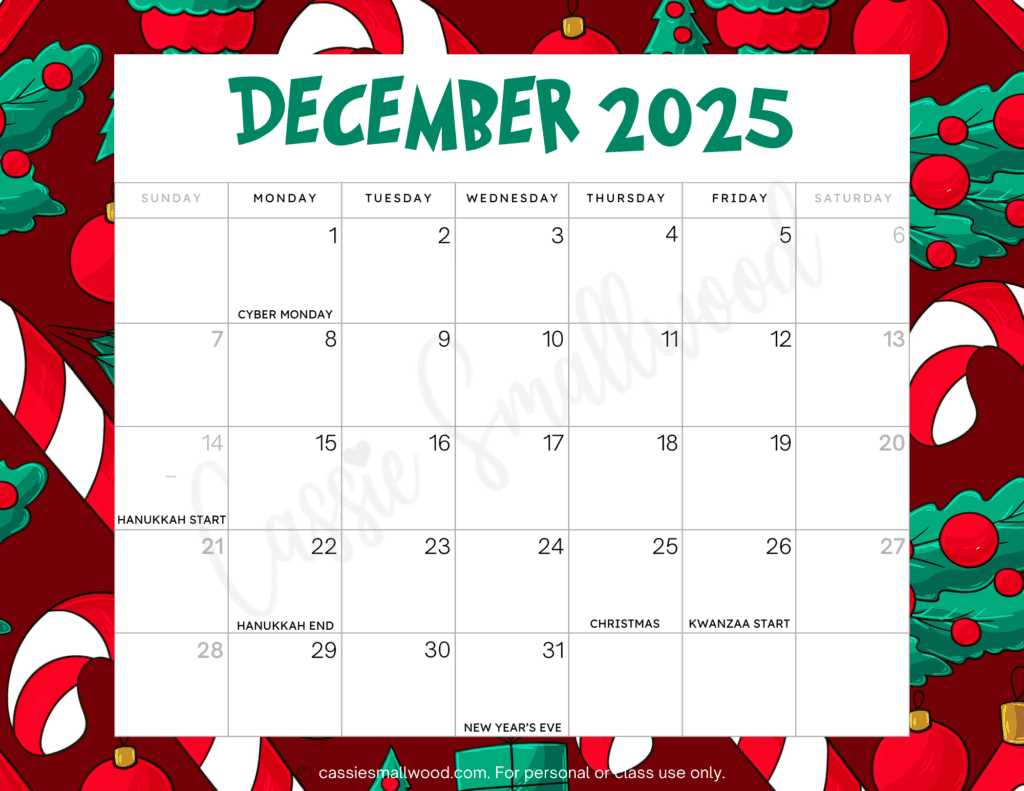 calendar template with holidays 2025