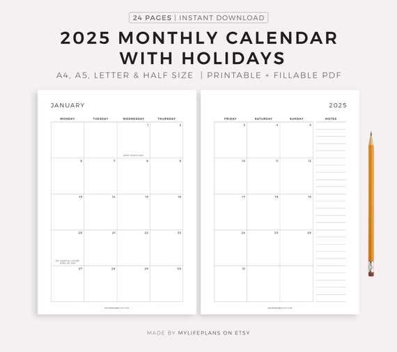 calendar template with holidays 2025