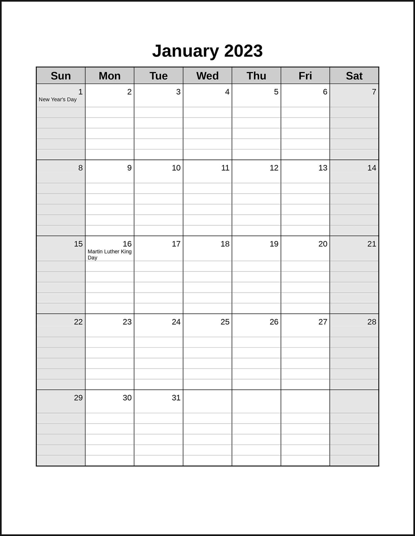 calendar to write on template